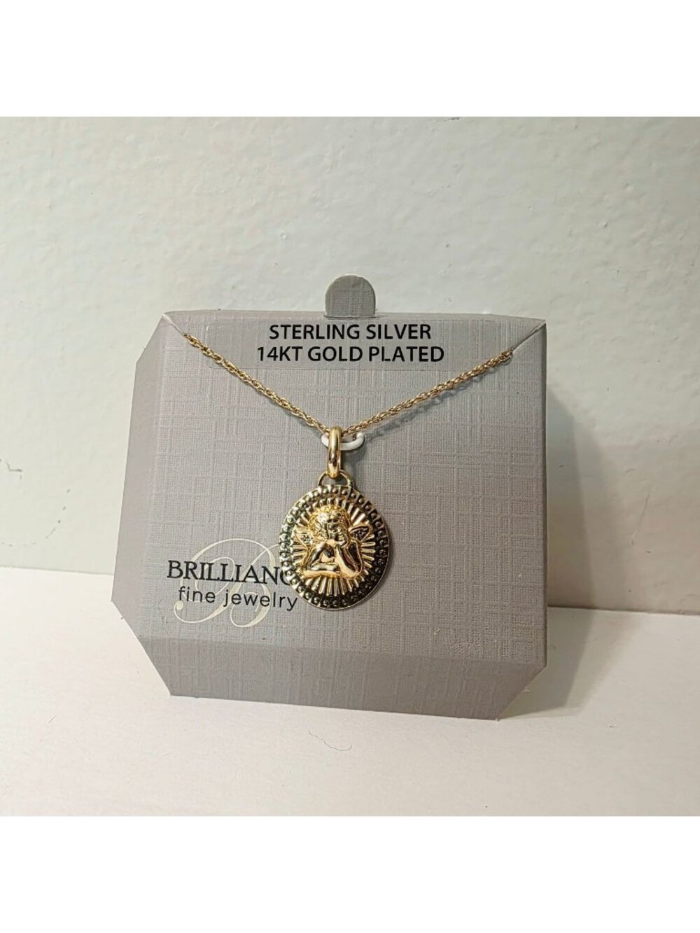 14K Gold Plated Sterling Silver My Guardian Angel Cherub Round Charm Necklace